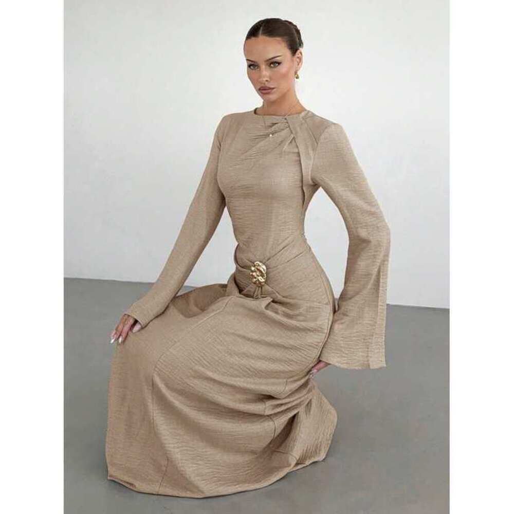 Siren Gaze Twist Front Metal Buckle Flare Long Sleeve Dress,Khak - Picture 3 of 6